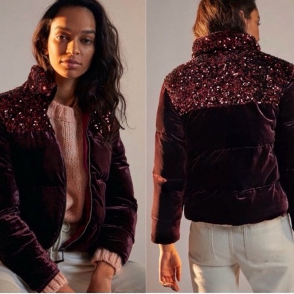 Anthropologie Jackets & Blazers - Anthropologie Velvet Puffer Jacket - Deep Purple